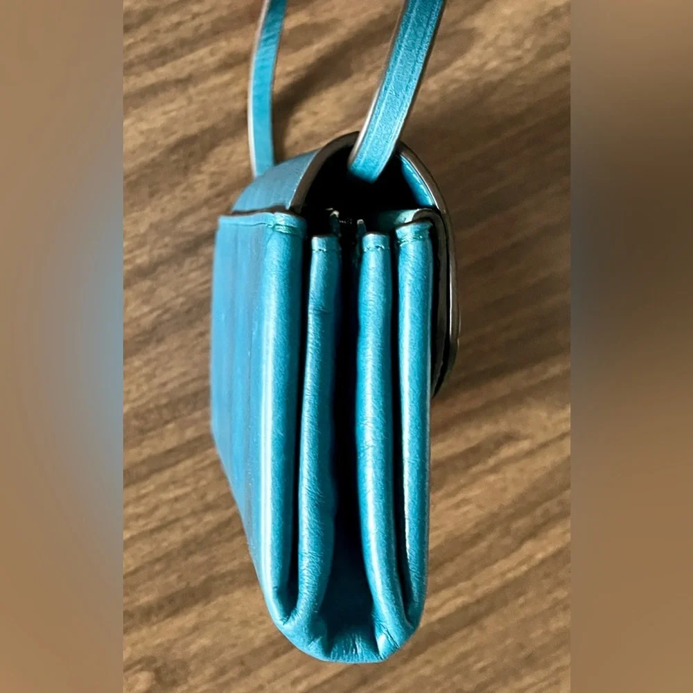 Tory Burch Turquoise Blue Leather and Suede ‘Miller’ Wallet-on-Chain Crossbody